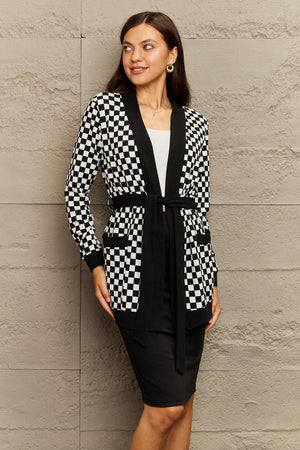 Open Front Pocketed Tie Waist Long Plaid Cardigan - MXSTUDIO.COM