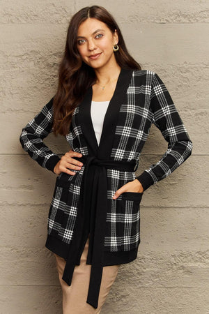 Open Front Pocketed Tie Waist Long Plaid Cardigan - MXSTUDIO.COM