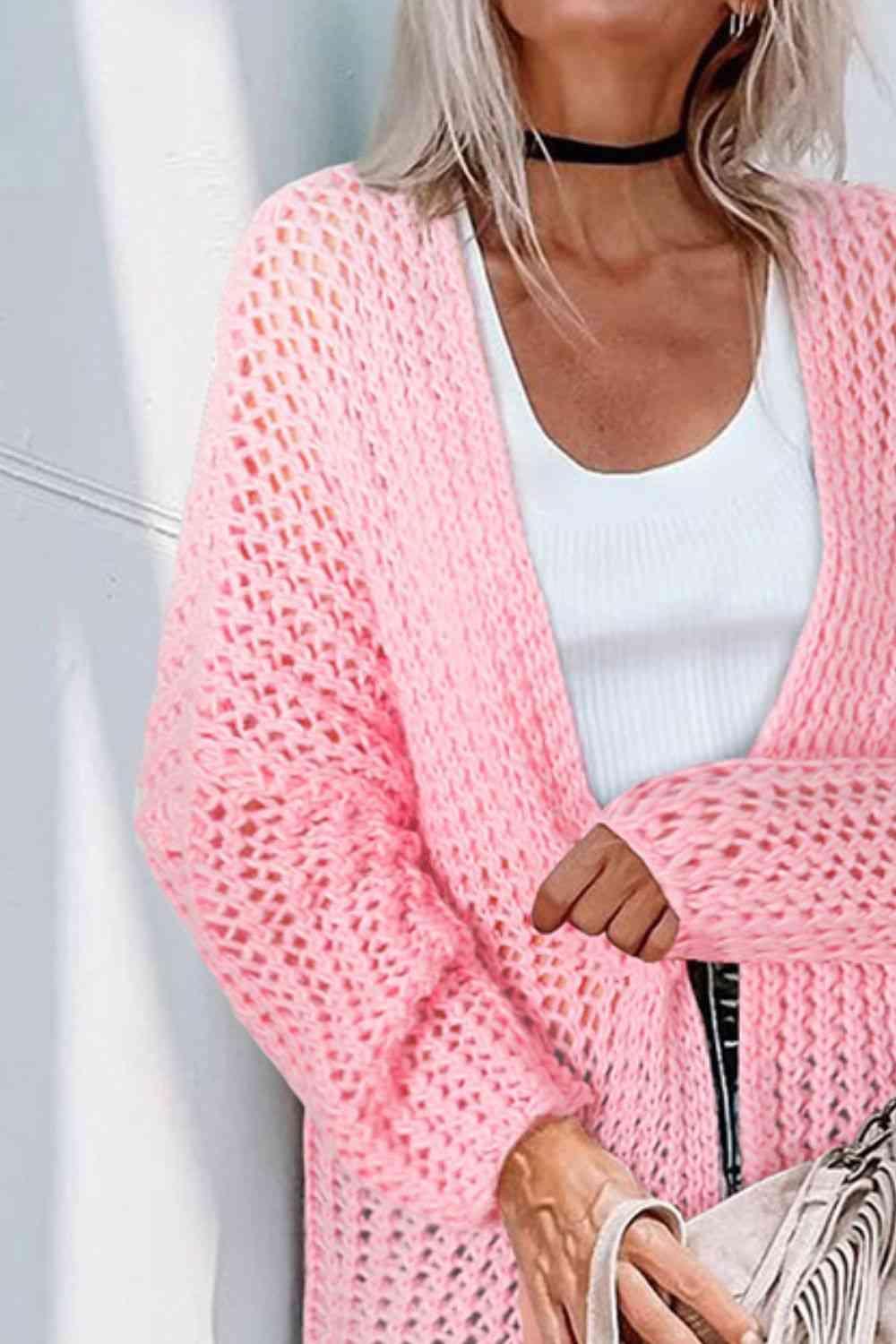 Open Knit Open Front Long Fuchsia Pink Cardigan-MXSTUDIO.COM
