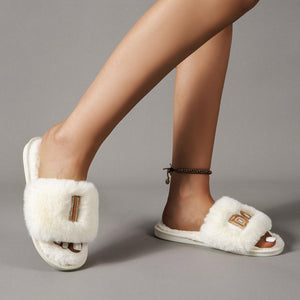 Open Toe Faux Fur Slippers Cream I DO Slippers - MXSTUDIO.COM