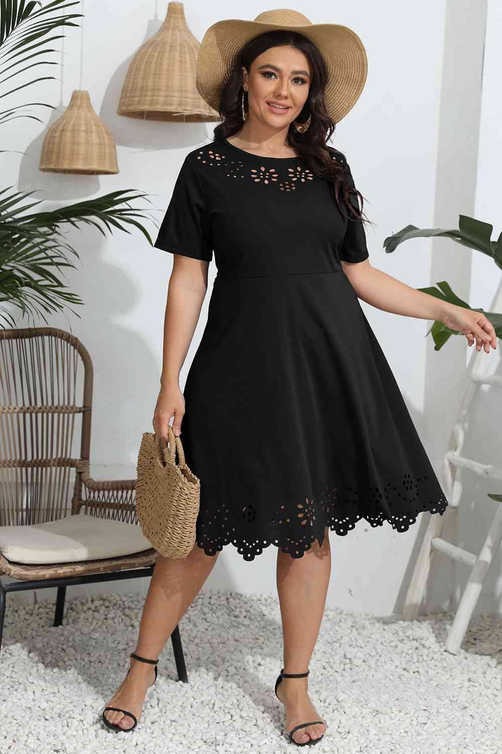 Openwork Accent Plus Size Short Sleeve Dress - MXSTUDIO.COM