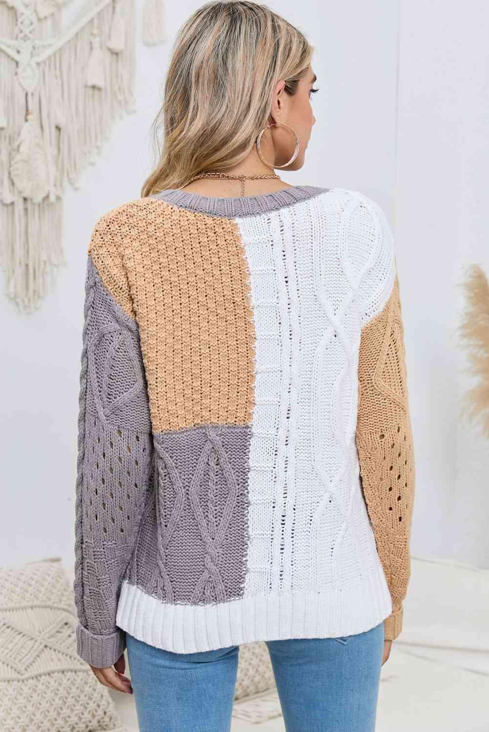 Openwork Color Block Cable-Knit Sweater - MXSTUDIO.COM