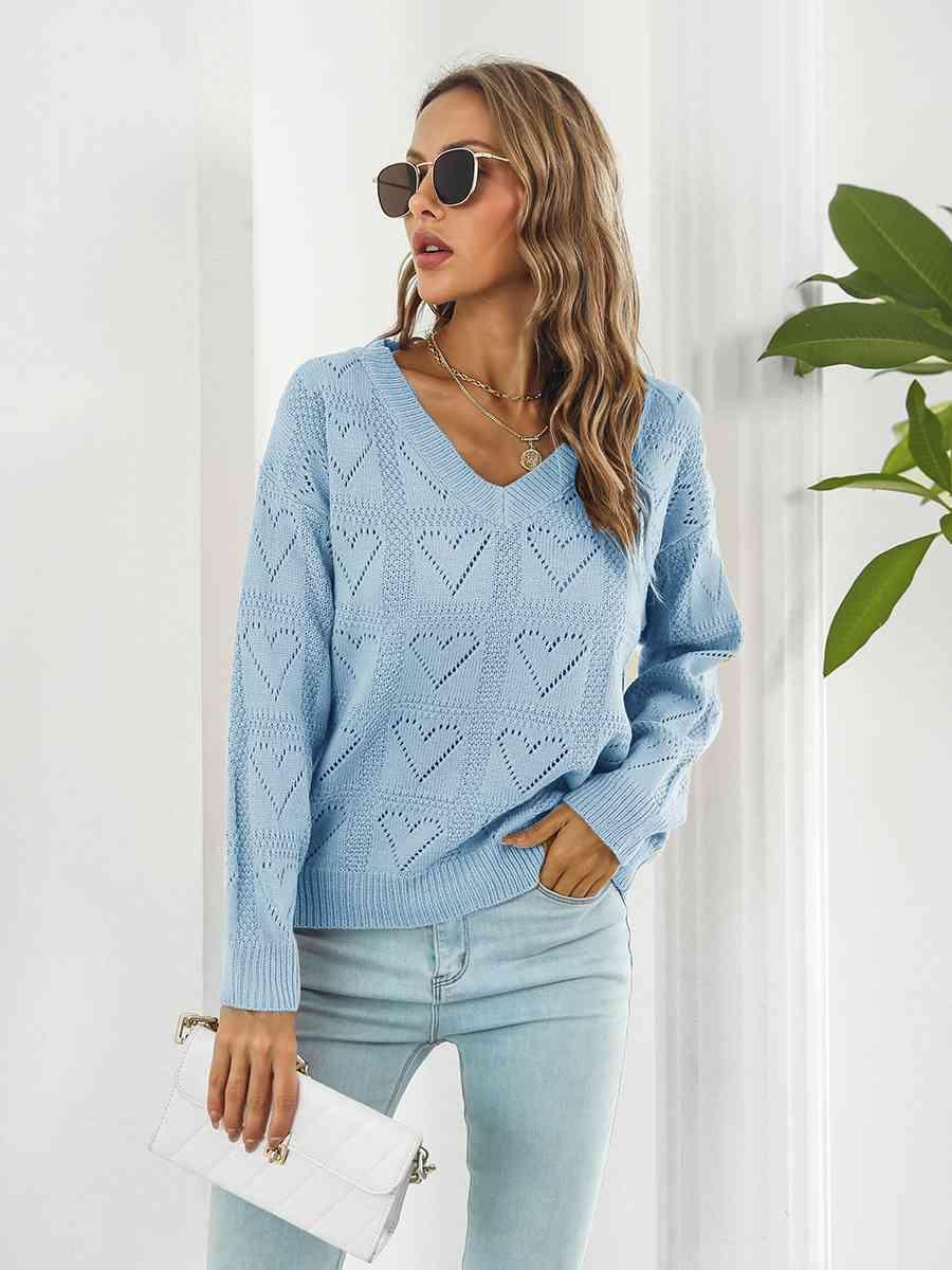 Openwork V-Neck Heart Sweater - MXSTUDIO.COM