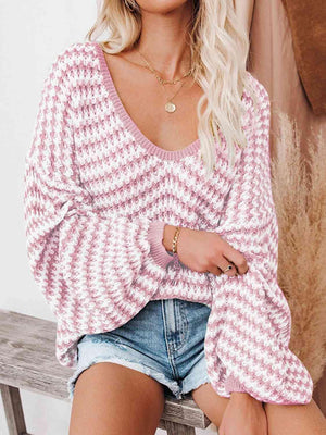 Optimal Comfort Striped Oversized V Neck Sweater-MXSTUDIO.COM