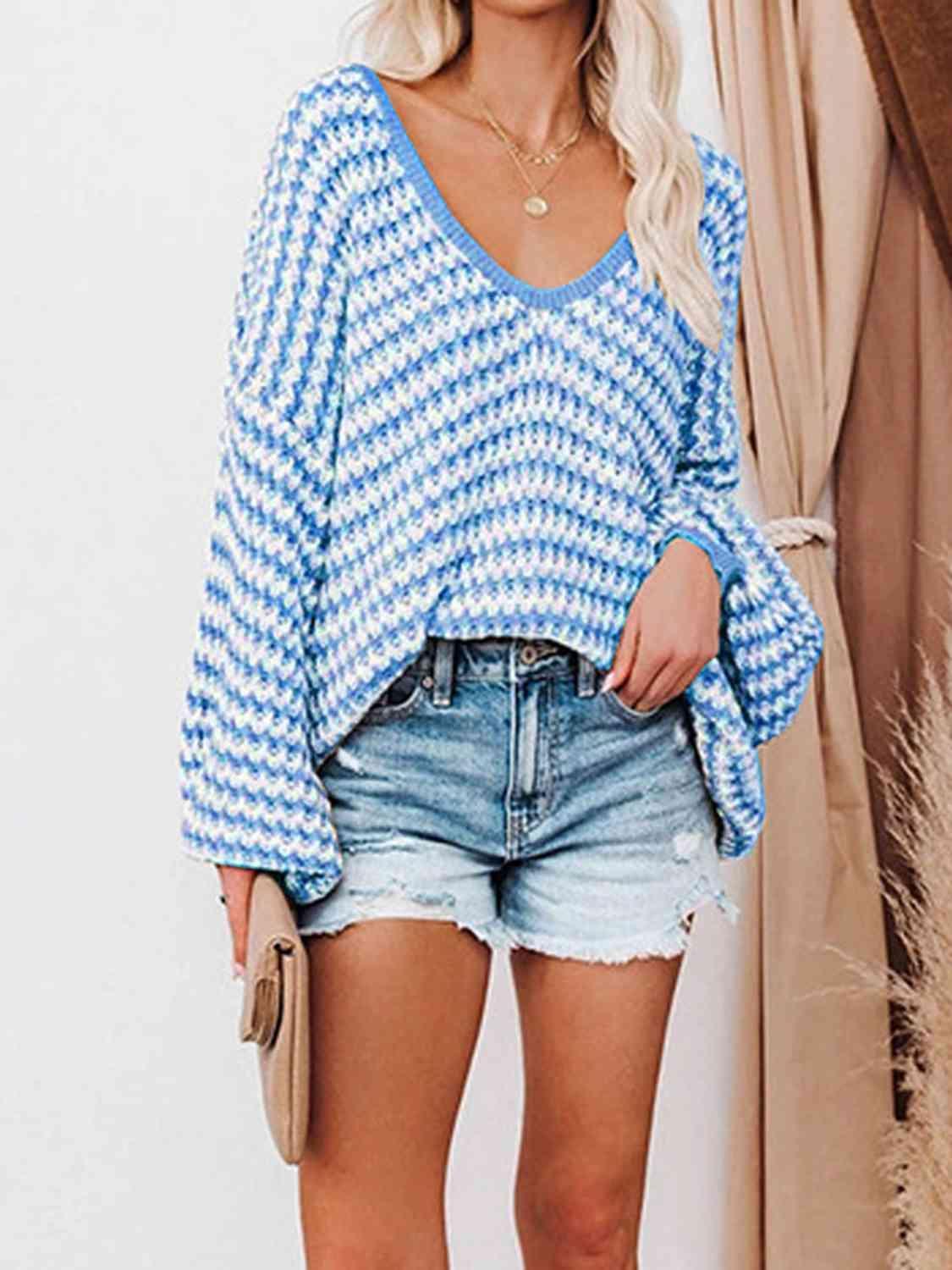 Optimal Comfort Striped Oversized V Neck Sweater-MXSTUDIO.COM