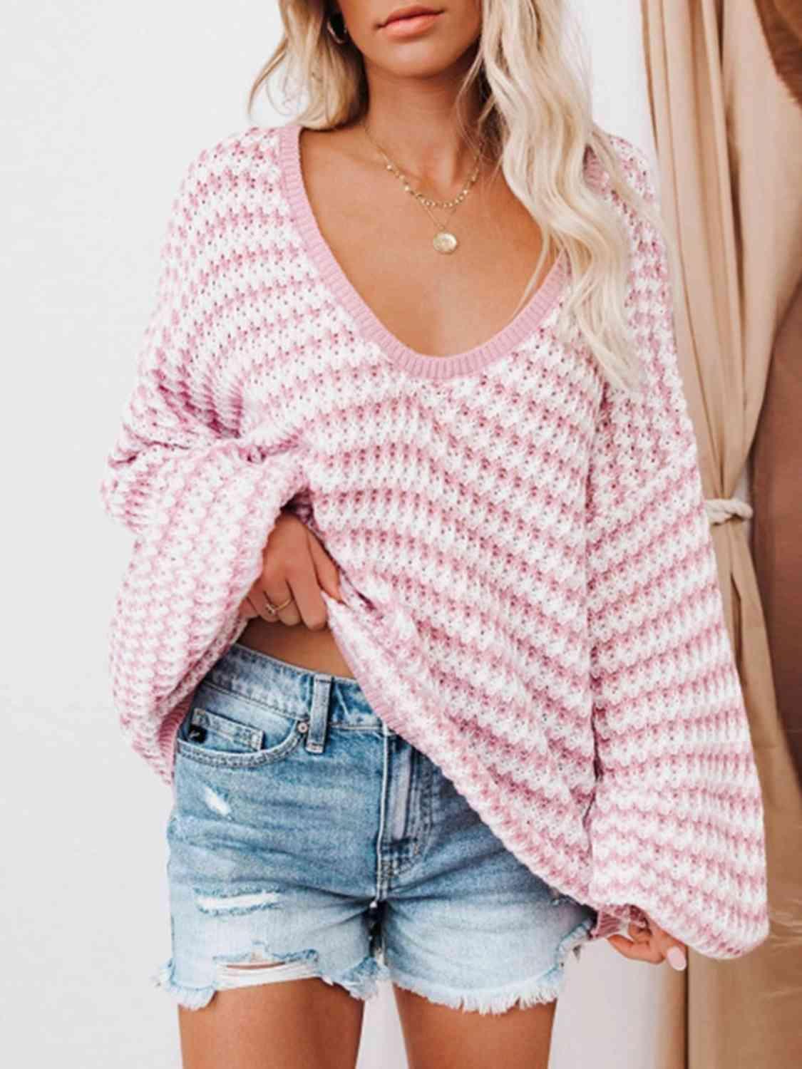 Optimal Comfort Striped Oversized V Neck Sweater-MXSTUDIO.COM