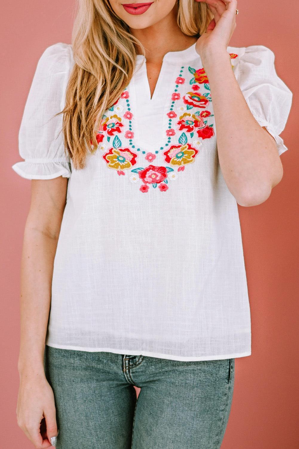 Optimistic Short Sleeve Floral Embroidered Top - MXSTUDIO.COM