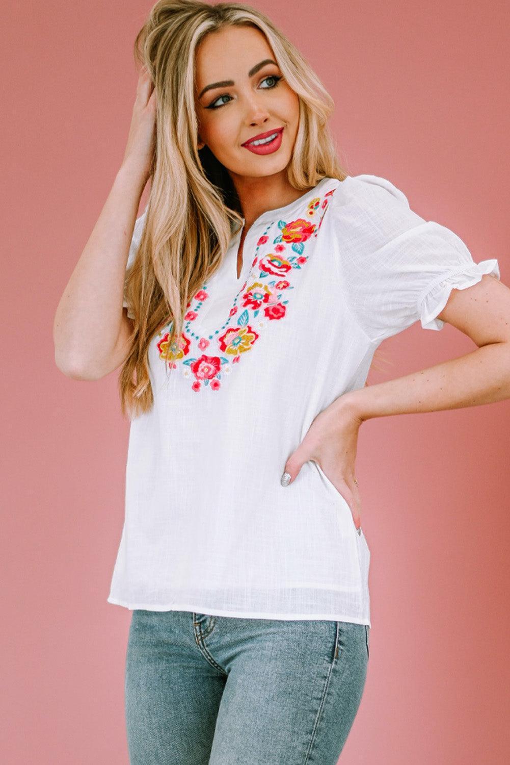 Optimistic Short Sleeve Floral Embroidered Top - MXSTUDIO.COM