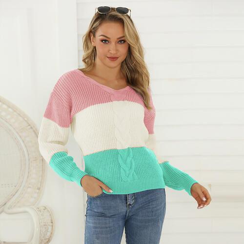 Optimistic Warmth V-Neck Color Block Sweater-MXSTUDIO.COM