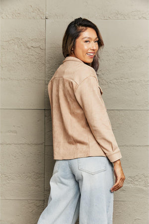 Out And About Button Down Collared Khaki Shacket - MXSTUDIO.COM