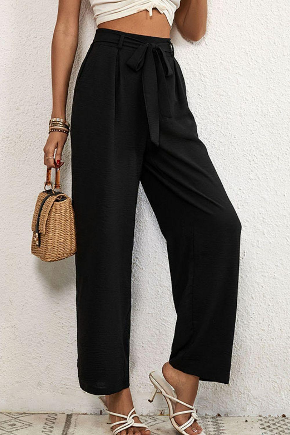 Out And About Wide Leg Black Tie Waist Pants - MXSTUDIO.COM