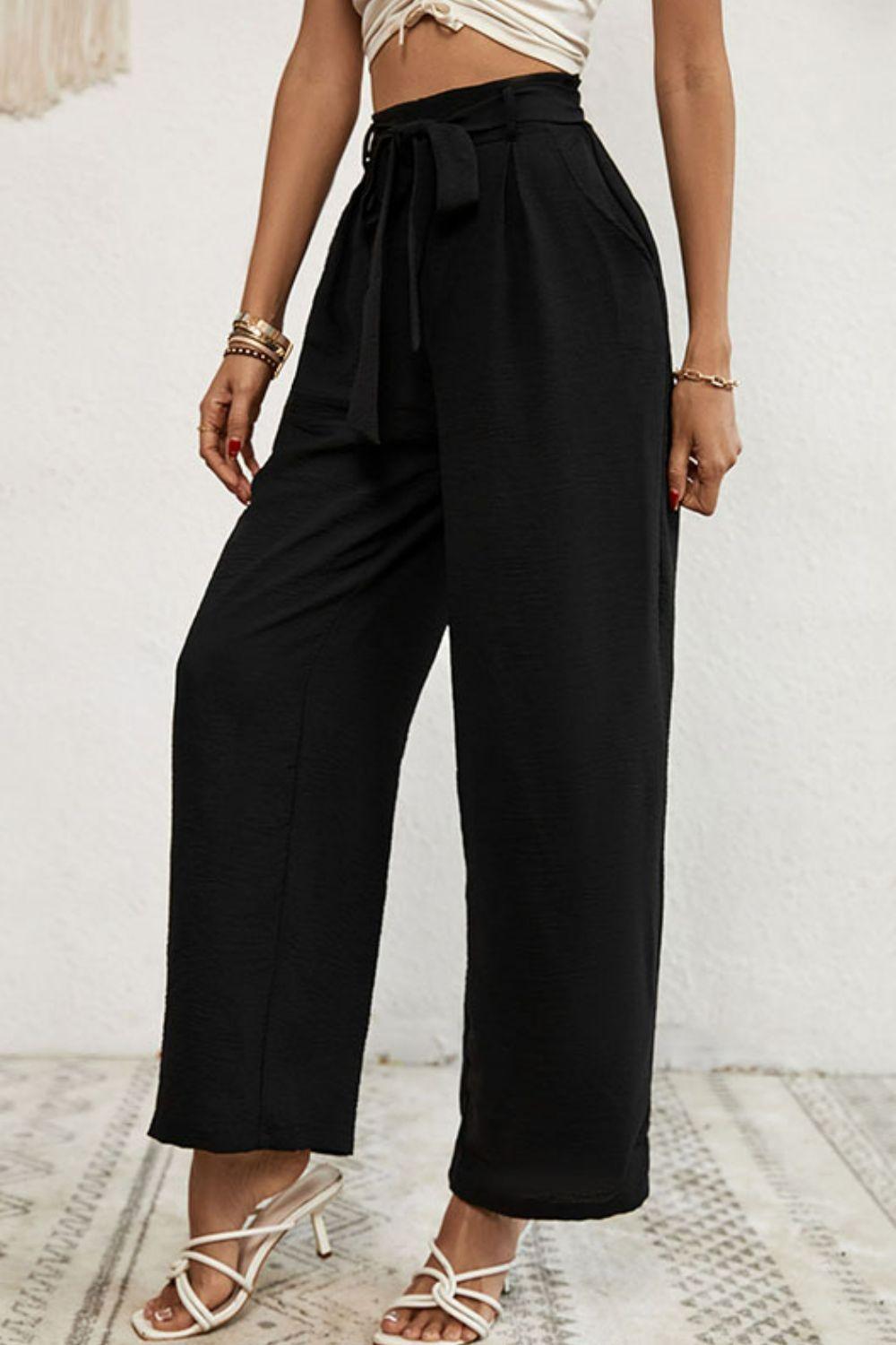 Out And About Wide Leg Black Tie Waist Pants - MXSTUDIO.COM