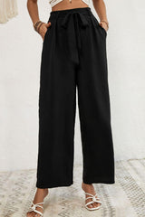 Out And About Wide Leg Black Tie Waist Pants - MXSTUDIO.COM