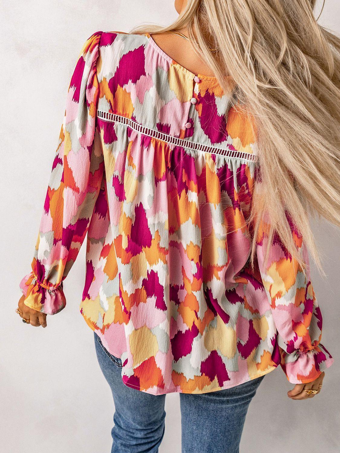 Outgoing Printed Flounce Sleeve Blouse - MXSTUDIO.COM