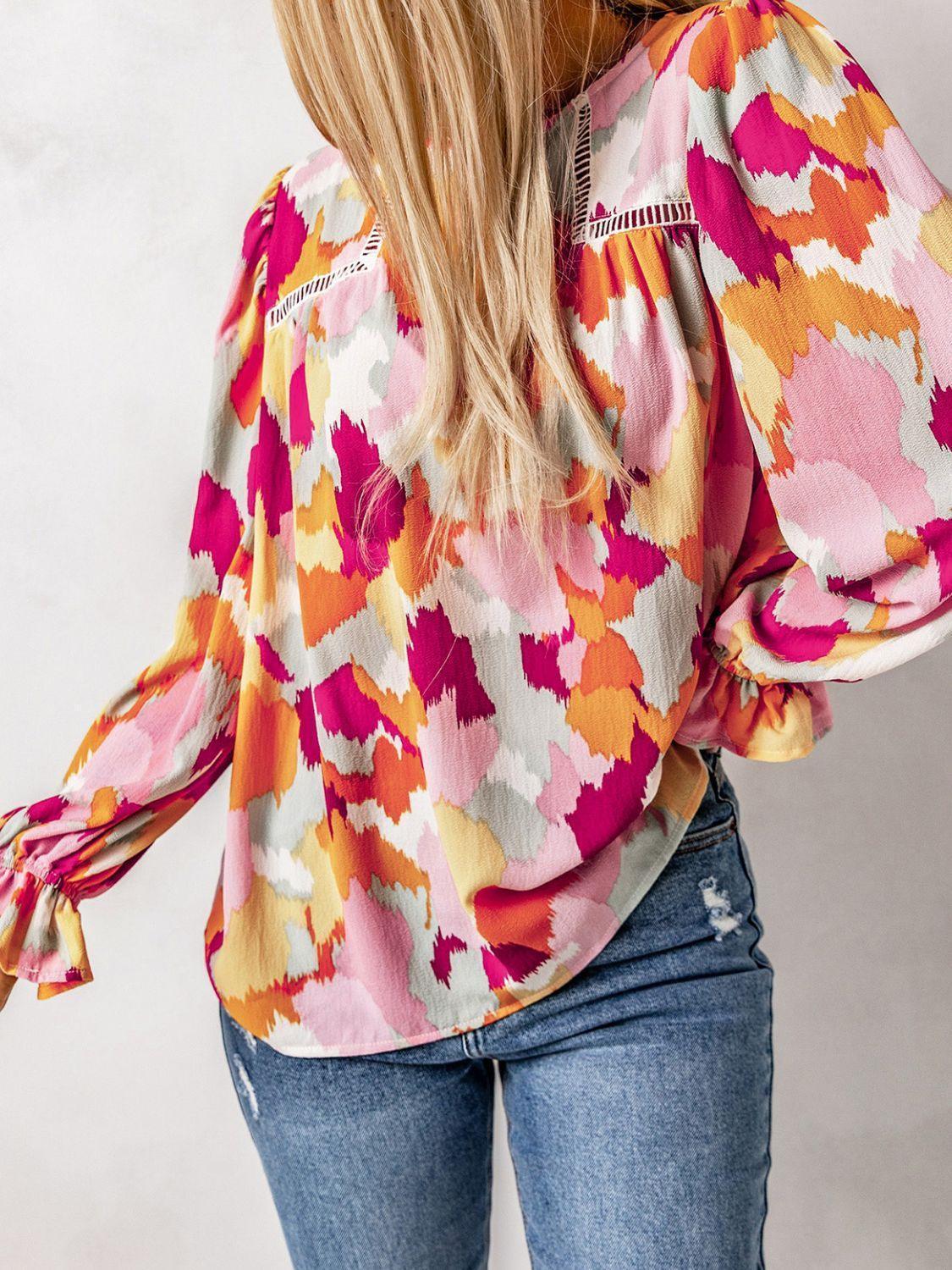 Outgoing Printed Flounce Sleeve Blouse - MXSTUDIO.COM