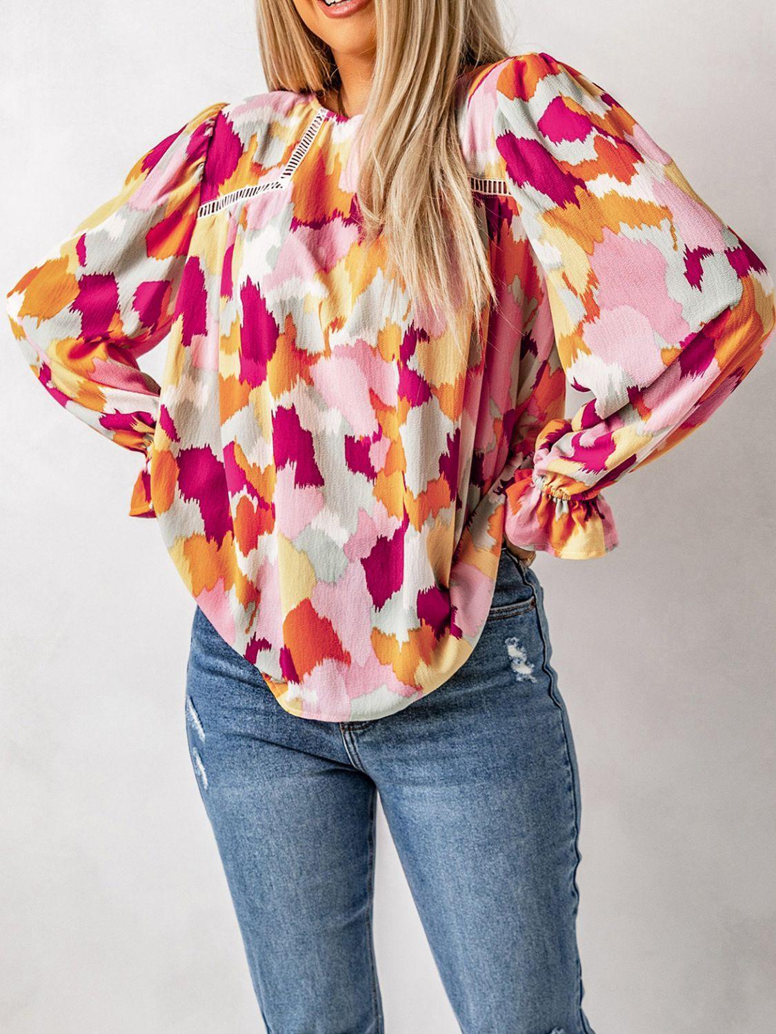 Outgoing Printed Flounce Sleeve Blouse - MXSTUDIO.COM