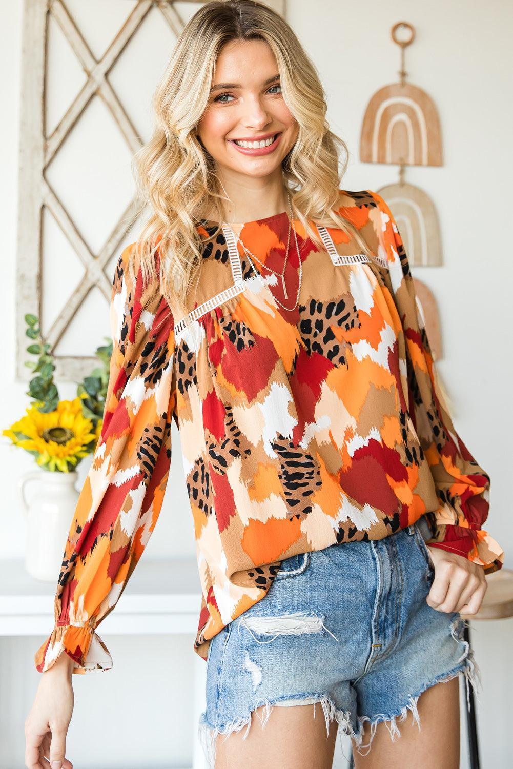 Outgoing Printed Flounce Sleeve Blouse - MXSTUDIO.COM