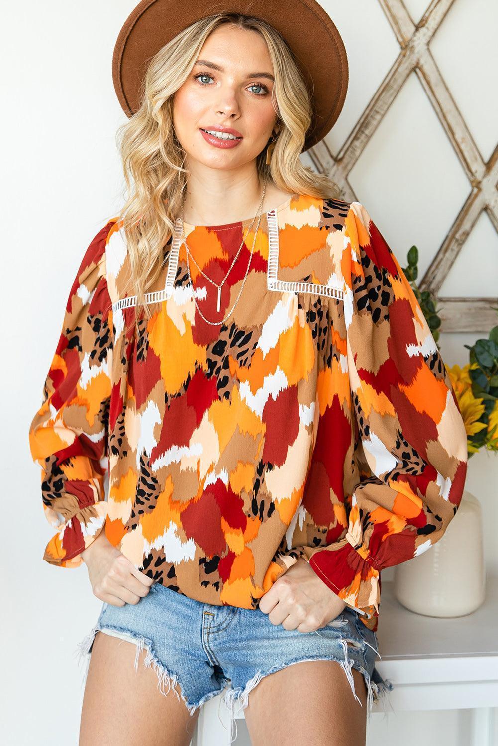 Outgoing Printed Flounce Sleeve Blouse - MXSTUDIO.COM