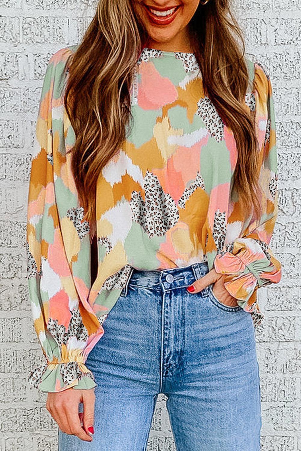 Outgoing Printed Flounce Sleeve Blouse - MXSTUDIO.COM