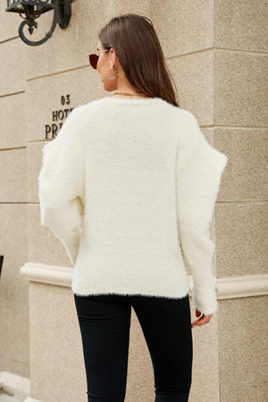 Outshine Puff Sleeve V-Neck Fuzzy Cardigan - MXSTUDIO.COM