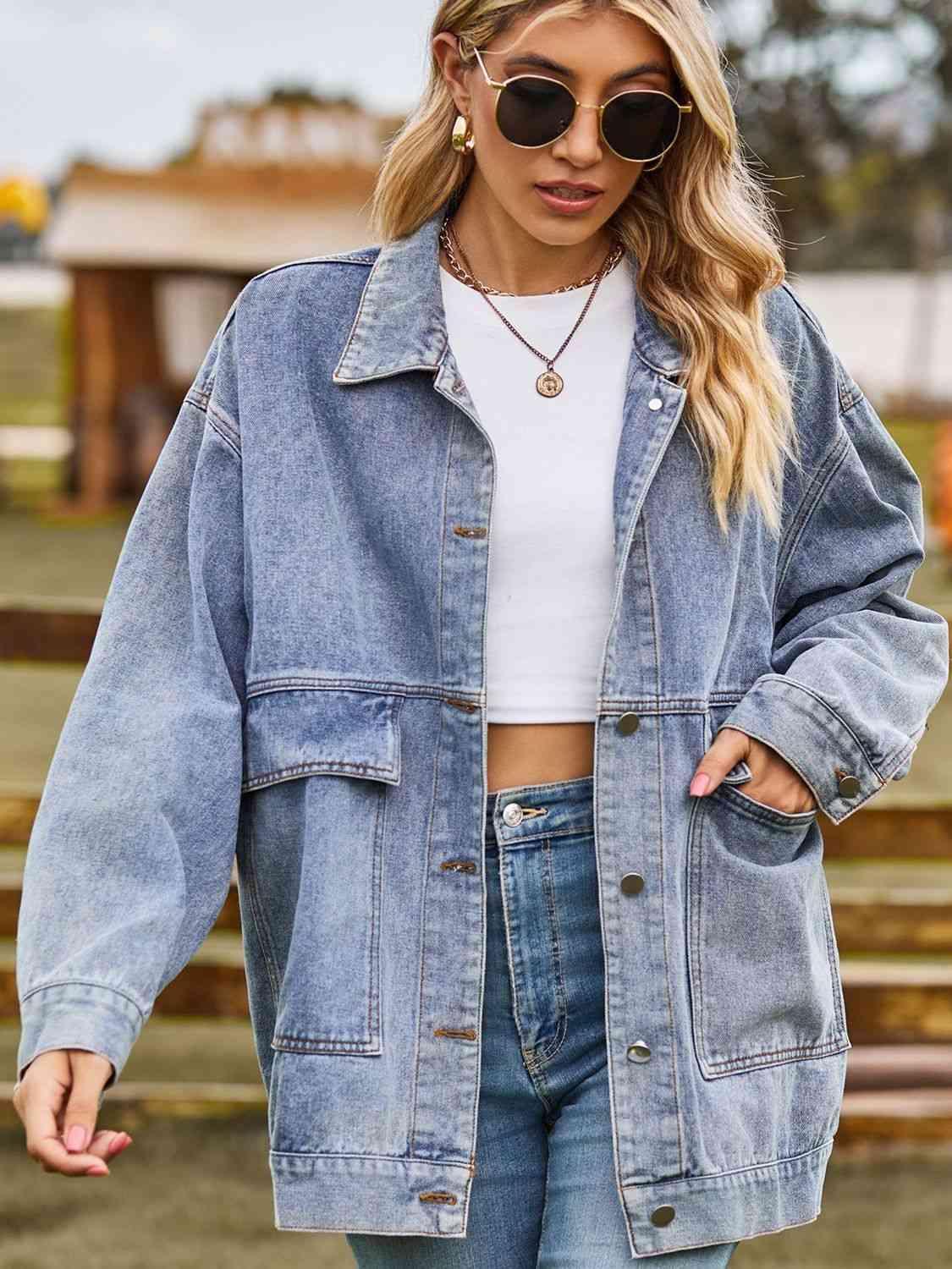 Dropped Shoulder Oversized Denim Jacket - MXSTUDIO.COM