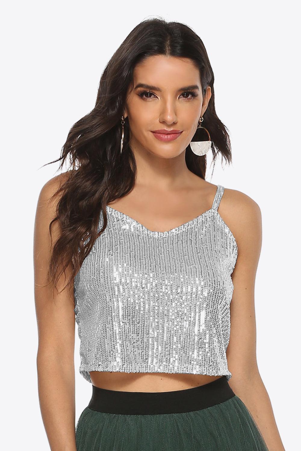 Party Girl Spaghetti Strap Sequin Crop Cami - MXSTUDIO.COM