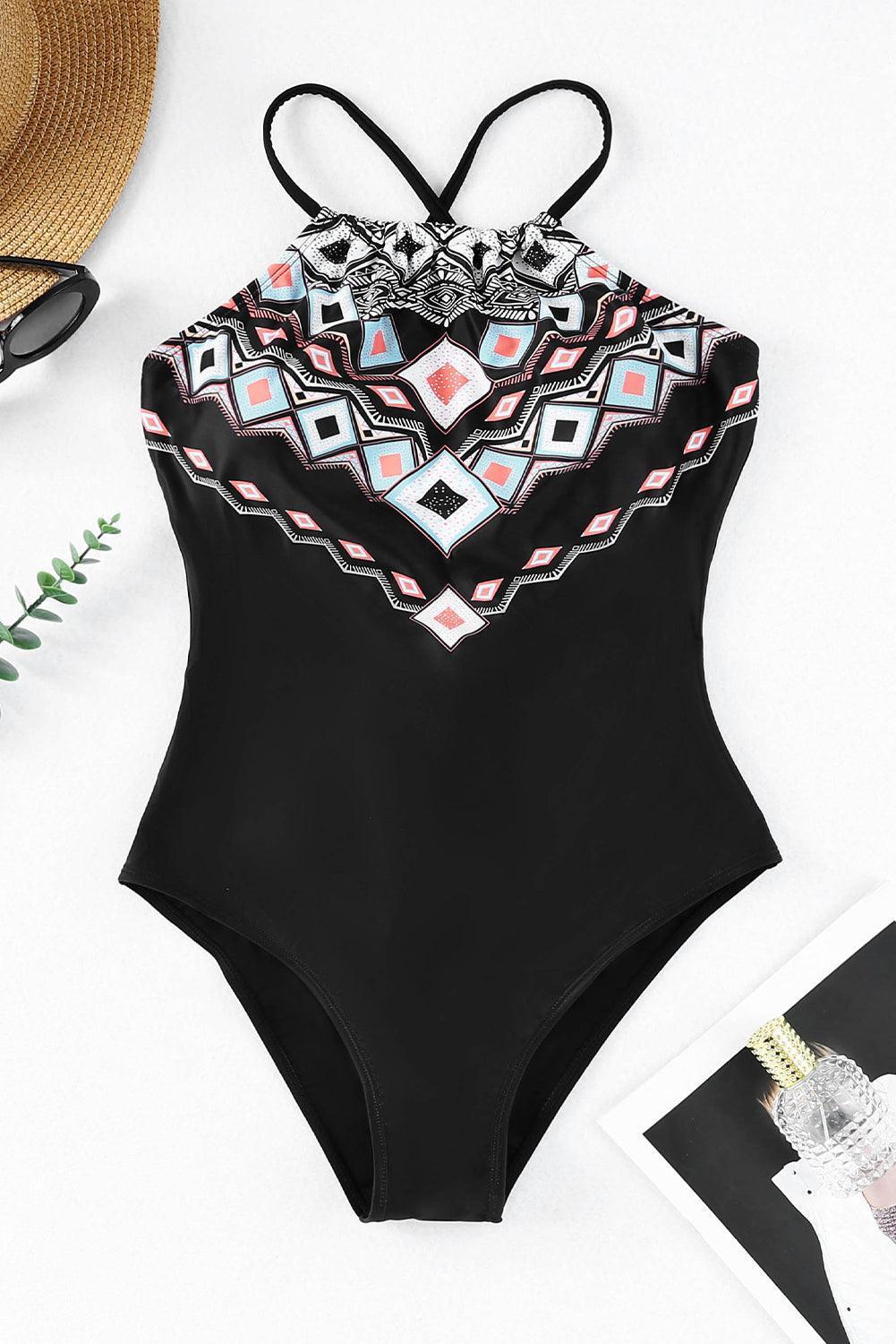 Passionate Geometric Print Tie Back One Piece Swimsuit - MXSTUDIO.COM