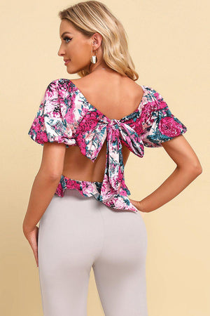 Passionate Peplum Short Sleeve Floral Crop Top - MXSTUDIO.COM