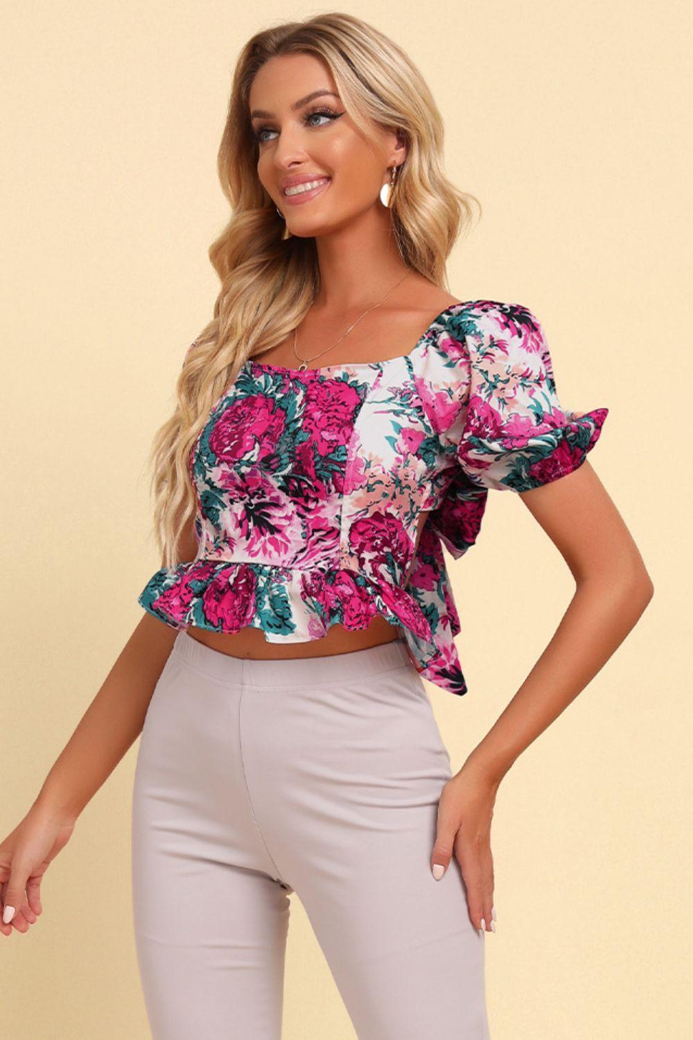 Passionate Peplum Short Sleeve Floral Crop Top - MXSTUDIO.COM