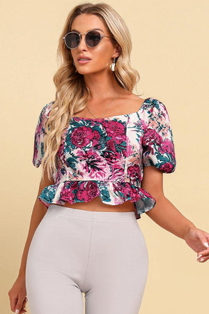 Passionate Peplum Short Sleeve Floral Crop Top - MXSTUDIO.COM