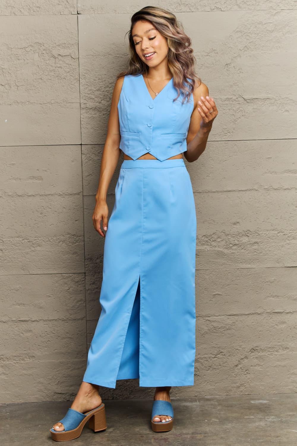 Pastel Blue Sleeveless Vest And Skirt Set - MXSTUDIO.COM