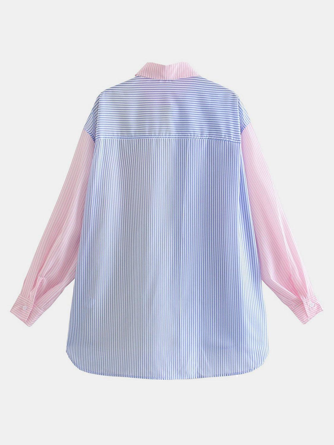 a blue and white striped shirt with pink sleeves