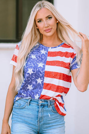 a woman with blonde hair wearing a patriotic t - shirt