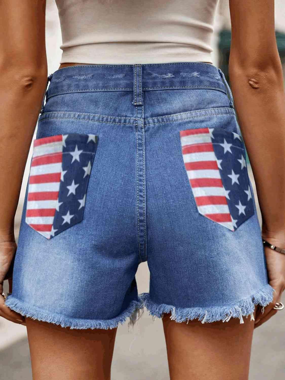 Patriotic Raw Hem American Flag Denim Shorts - MXSTUDIO.COM