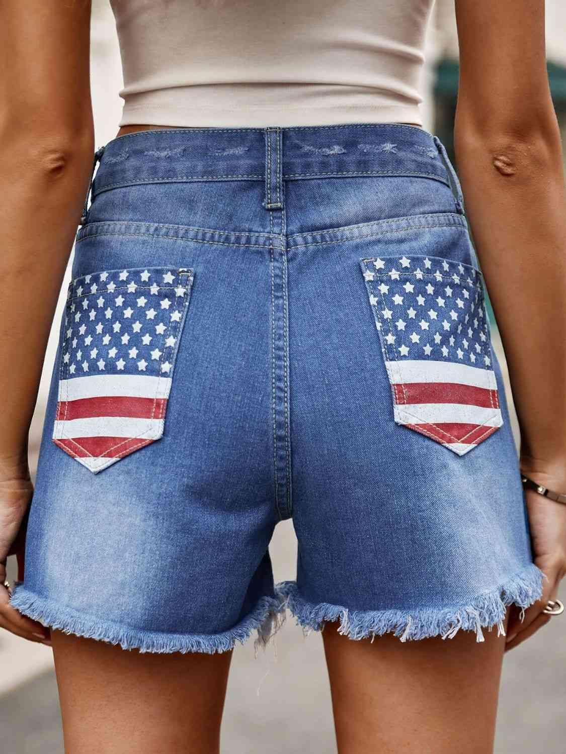 Patriotic Raw Hem American Flag Denim Shorts - MXSTUDIO.COM