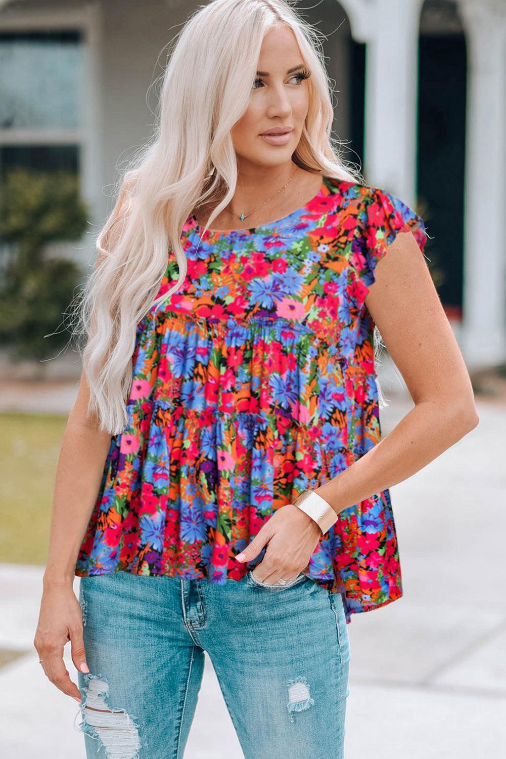 Pause And Relax Crew Neck Floral Babydoll Top - MXSTUDIO.COM