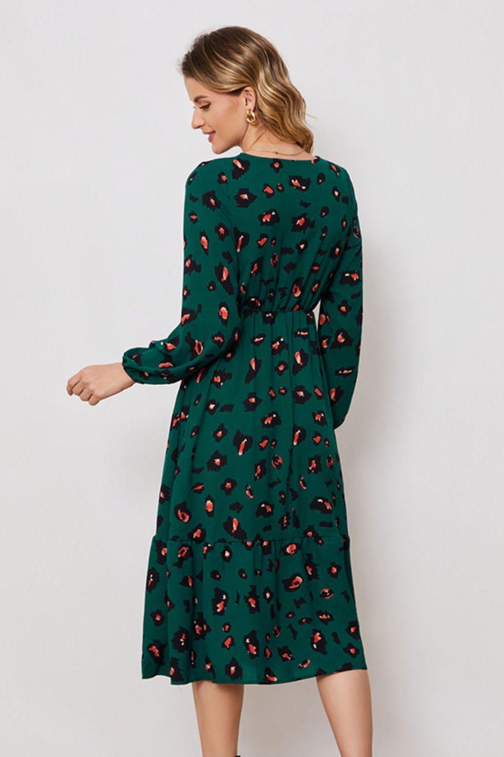 Peace Mode A-Line Long Sleeve Green Midi Dress - MXSTUDIO.COM