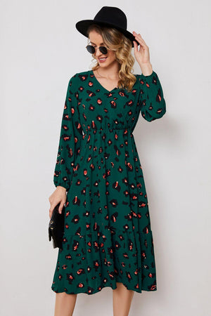 Peace Mode A-Line Long Sleeve Green Midi Dress - MXSTUDIO.COM