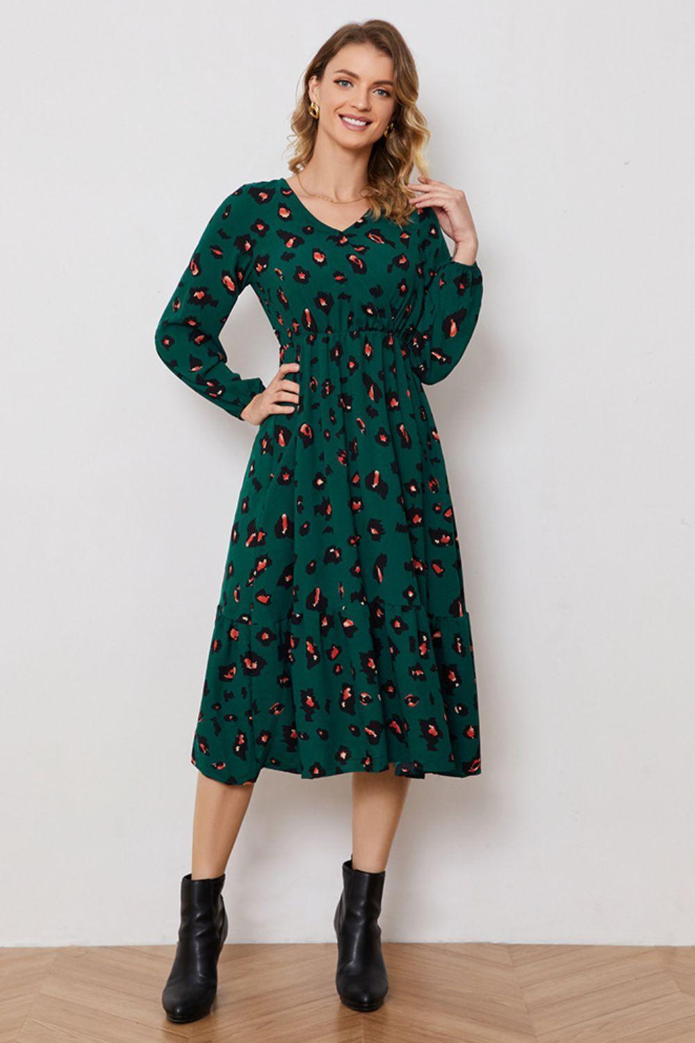 Peace Mode A-Line Long Sleeve Green Midi Dress - MXSTUDIO.COM