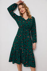 Peace Mode A-Line Long Sleeve Green Midi Dress - MXSTUDIO.COM