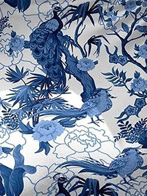 a blue and white wallpaper with birds and flowers