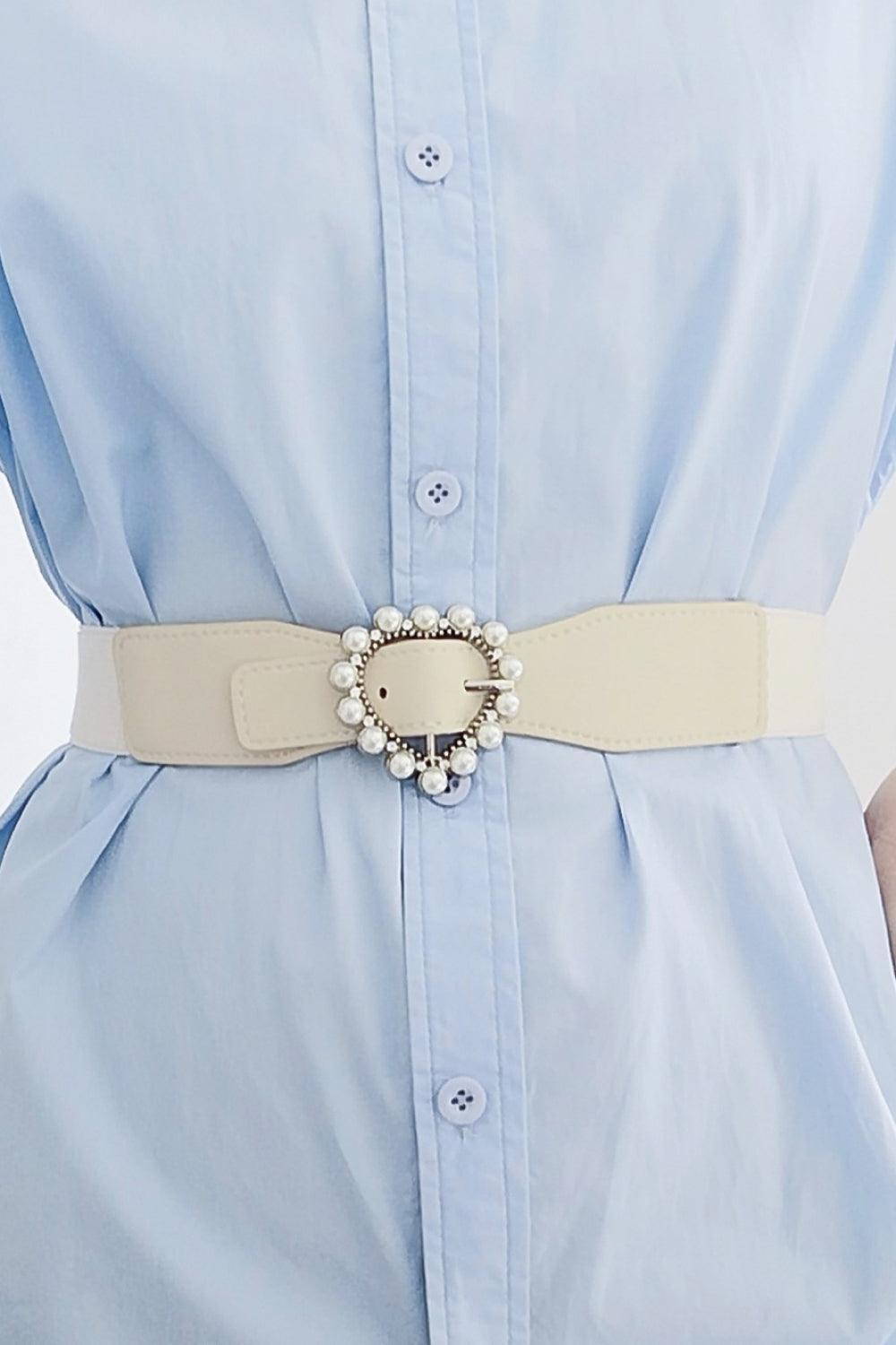 Pearl Accent Heart Buckle Wide Stretch Waist Belt - MXSTUDIO.COM