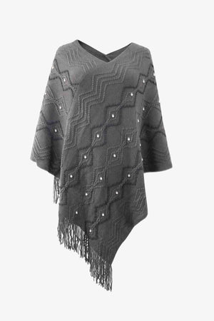 Pearl Embellished V-Neck Fringe Poncho - MXSTUDIO.COM