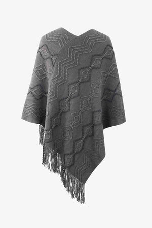 Pearl Embellished V-Neck Fringe Poncho - MXSTUDIO.COM