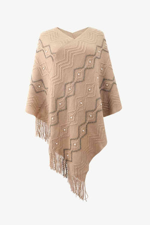 Pearl Embellished V-Neck Fringe Poncho - MXSTUDIO.COM