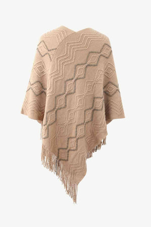 Pearl Embellished V-Neck Fringe Poncho - MXSTUDIO.COM