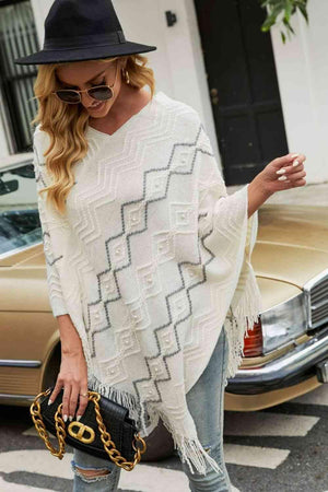 Pearl Embellished V-Neck Fringe Poncho - MXSTUDIO.COM