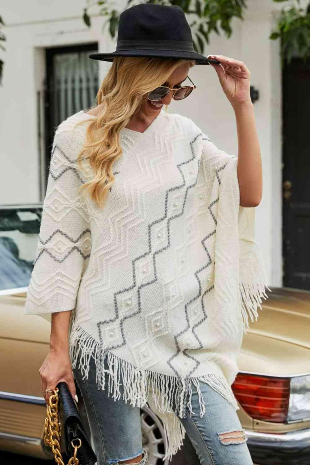 Pearl Embellished V-Neck Fringe Poncho - MXSTUDIO.COM