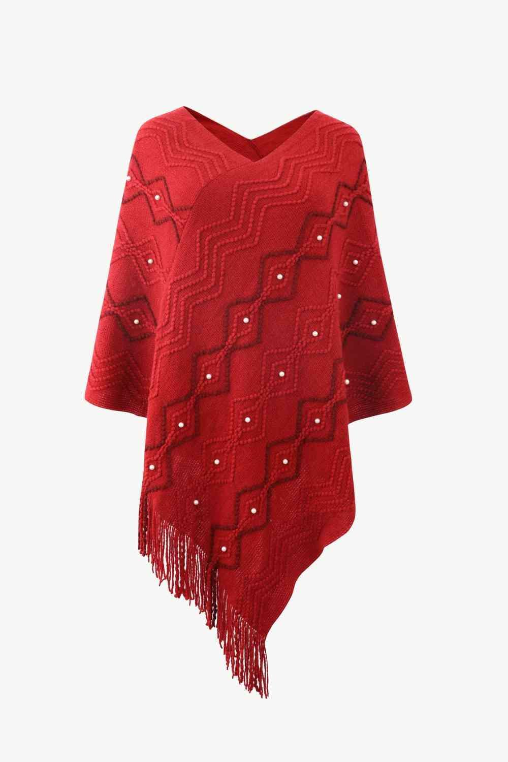 Pearl Embellished V-Neck Fringe Poncho - MXSTUDIO.COM