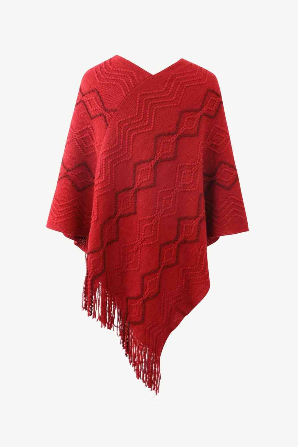 Pearl Embellished V-Neck Fringe Poncho - MXSTUDIO.COM